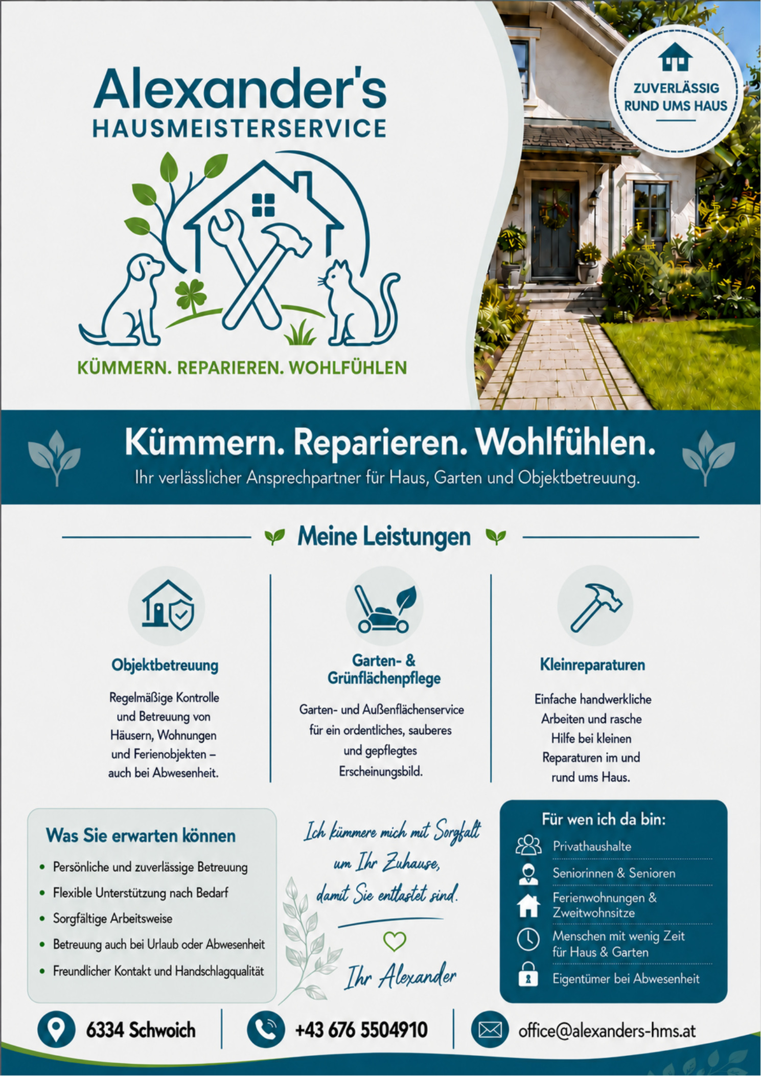 Alexander's Hausmeisterservice – Objektbetreuung, Garten- und Grünflächenpflege, Kleinreparaturen. 6334 Schwoich.